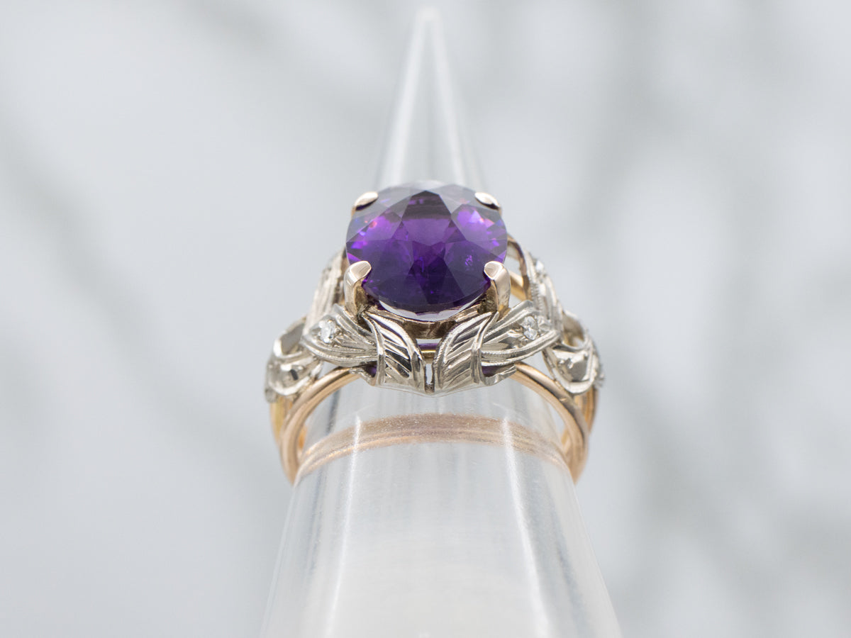 Amethyst and Diamond Two Tone Gold Retro Era Cocktail Ring