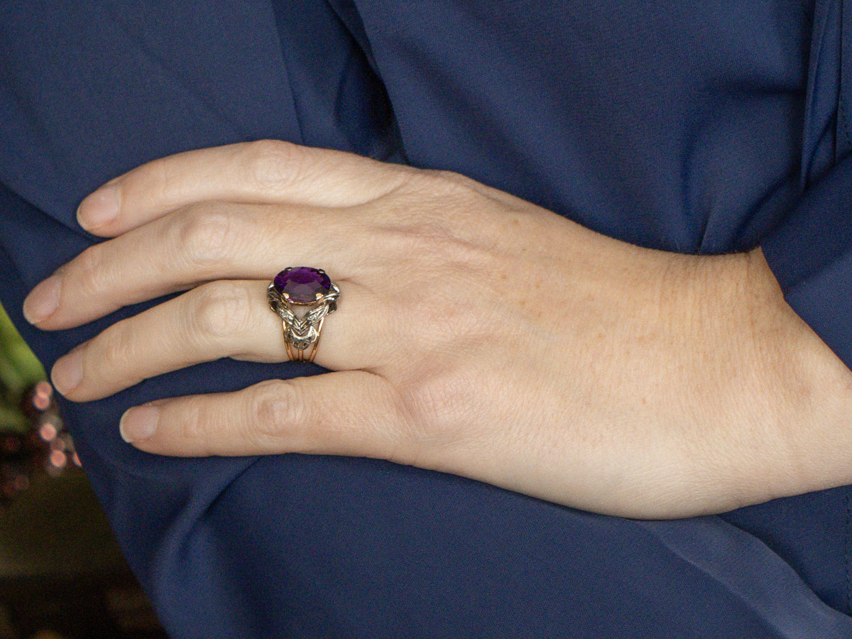 Amethyst and Diamond Two Tone Gold Retro Era Cocktail Ring