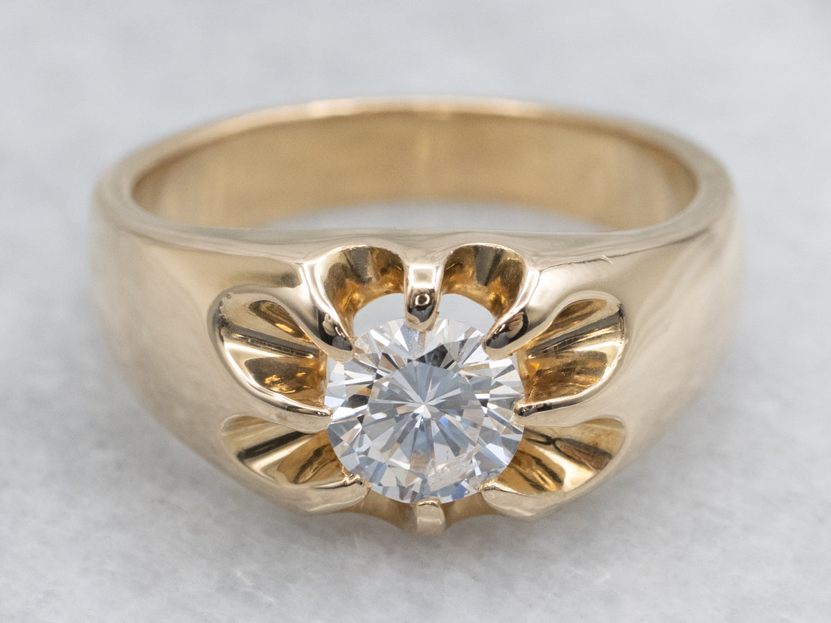 Unisex Belcher Set Diamond Yellow Gold Solitaire Ring