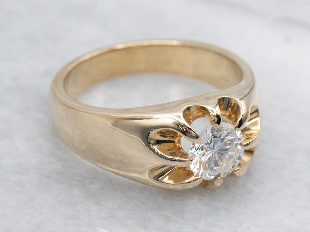 Unisex Belcher Set Diamond Yellow Gold Solitaire Ring
