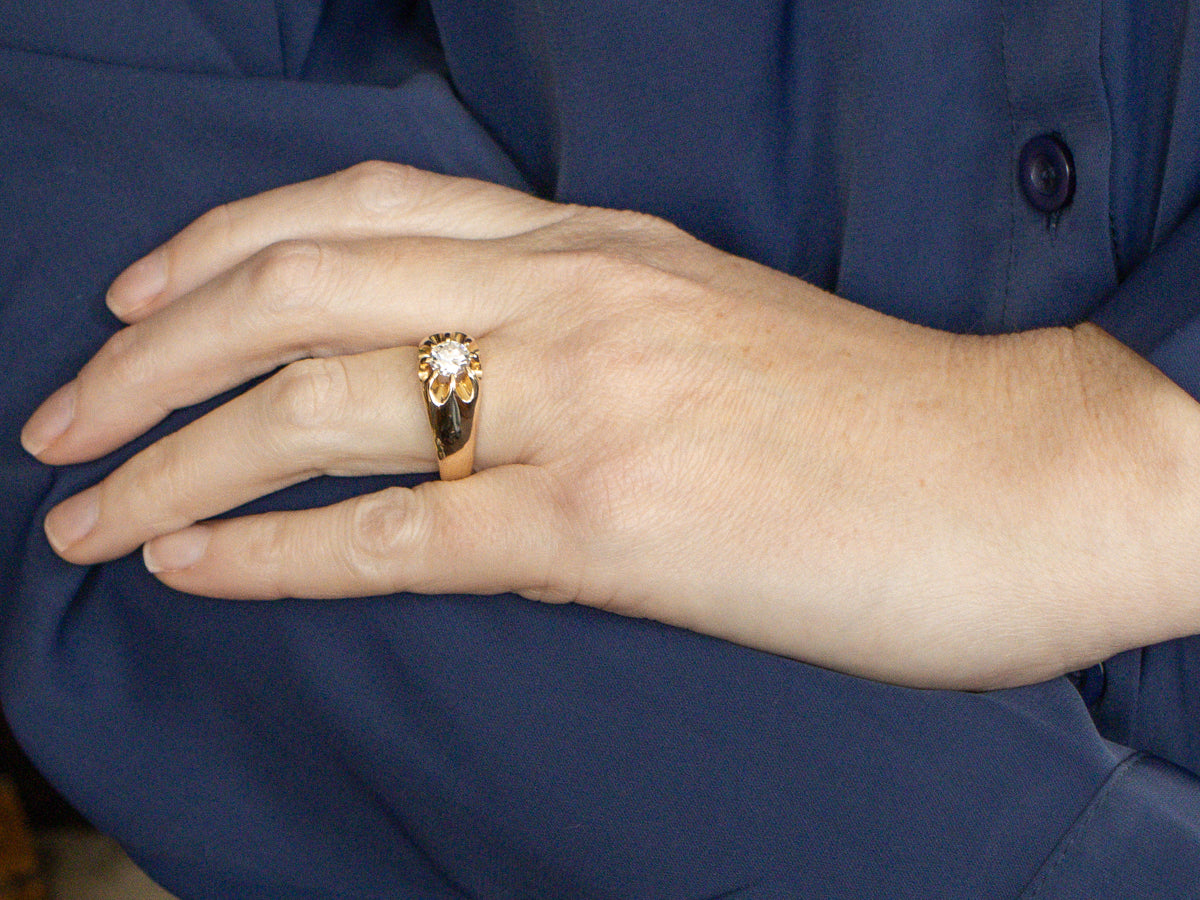 Unisex Belcher Set Diamond Yellow Gold Solitaire Ring