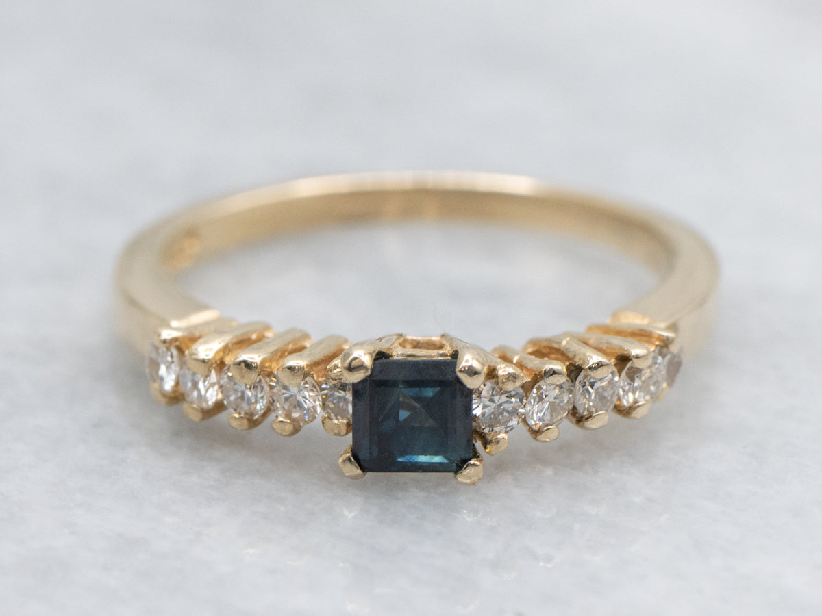 Square-Cut Sapphire and Diamond Yellow Gold Ring