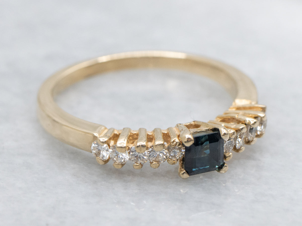 Square-Cut Sapphire and Diamond Yellow Gold Ring