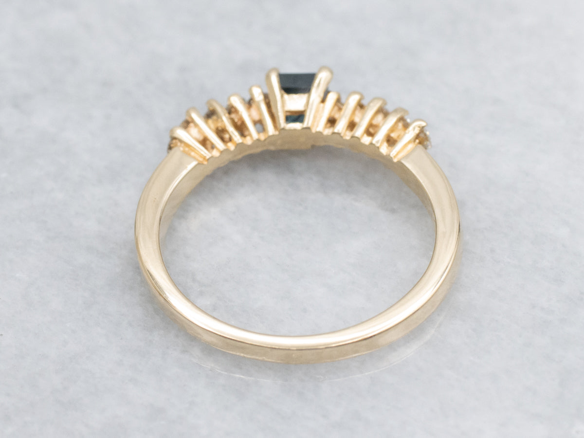 Square-Cut Sapphire and Diamond Yellow Gold Ring
