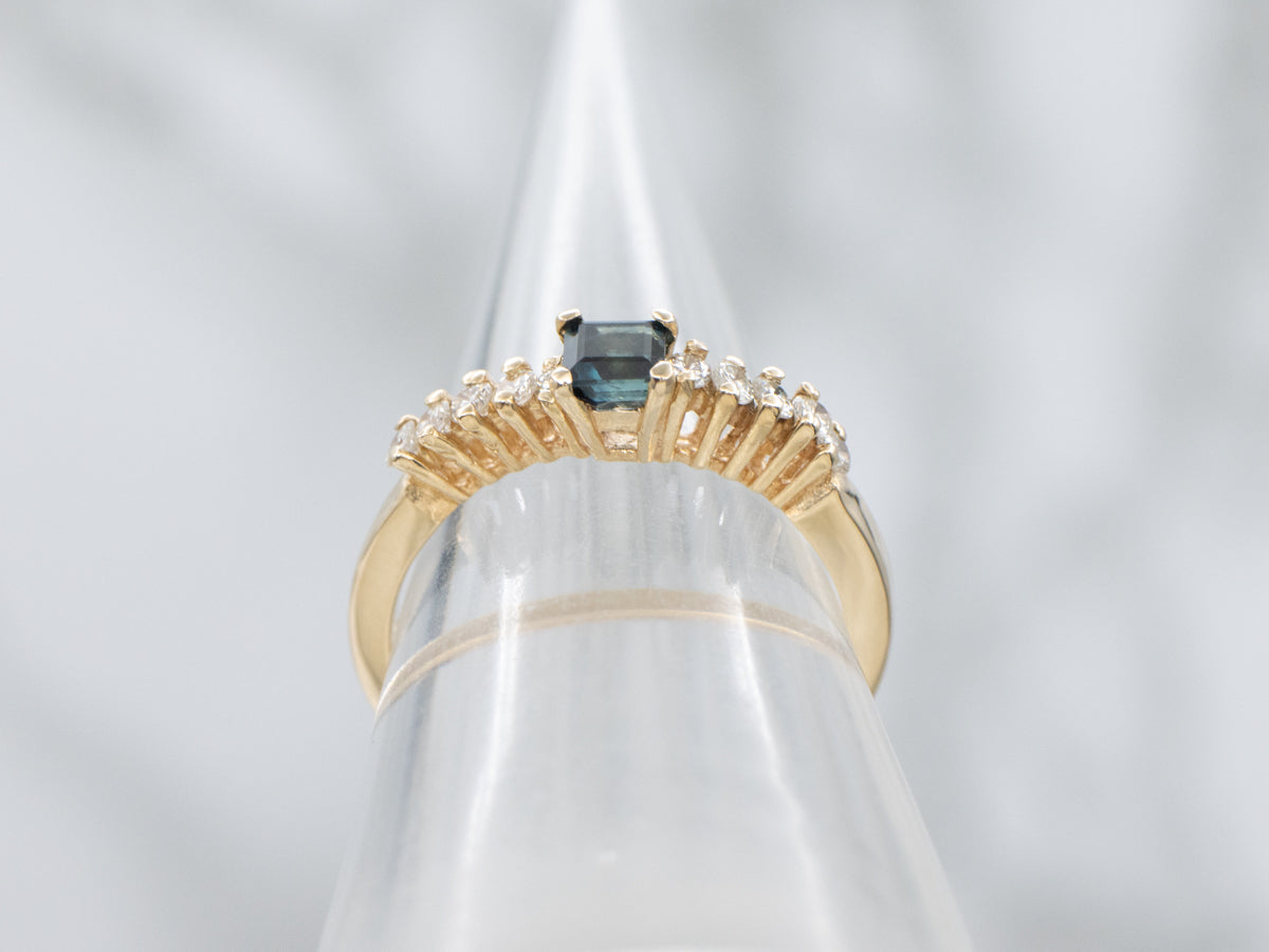 Square-Cut Sapphire and Diamond Yellow Gold Ring