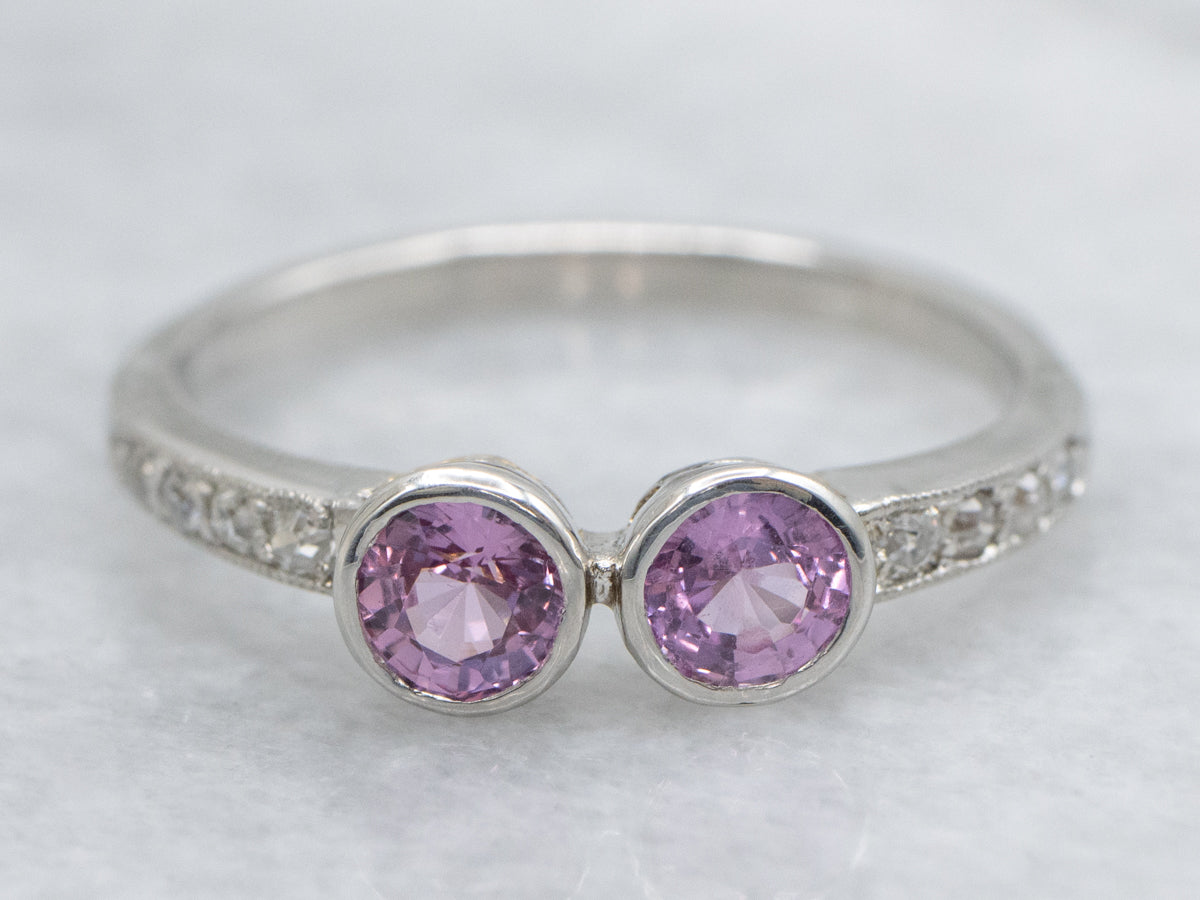 Double Pink Sapphire and Old Mine Cut Diamond Platinum and Gold Vintage Ring