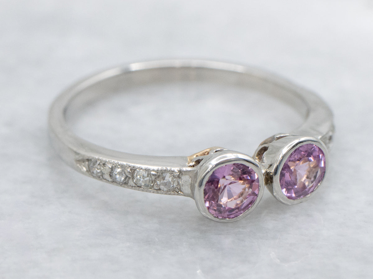 Double Pink Sapphire and Old Mine Cut Diamond Platinum and Gold Vintage Ring