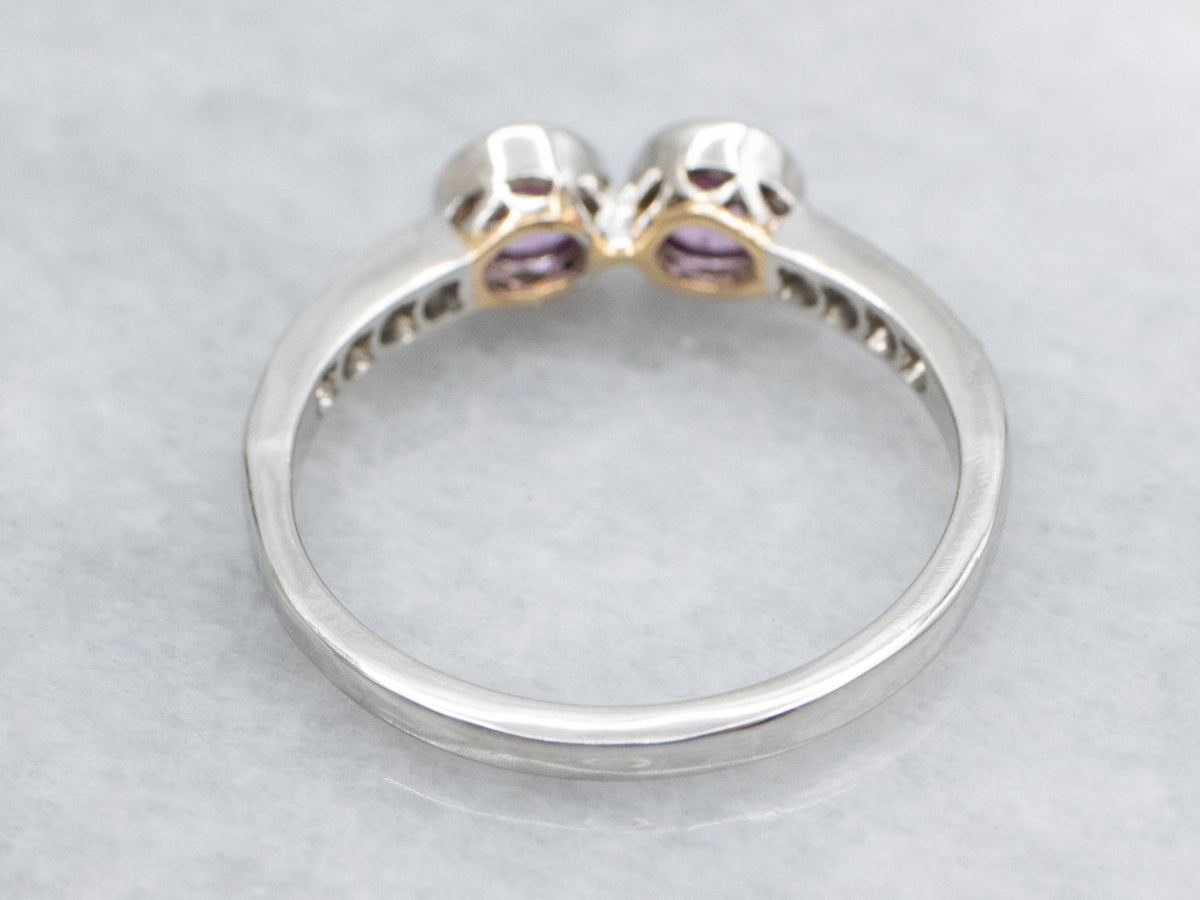 Double Pink Sapphire and Old Mine Cut Diamond Platinum and Gold Vintage Ring