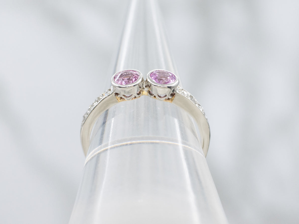 Double Pink Sapphire and Old Mine Cut Diamond Platinum and Gold Vintage Ring