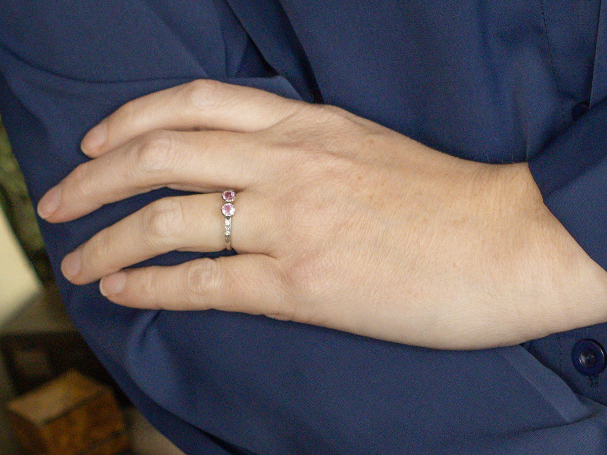 Double Pink Sapphire and Old Mine Cut Diamond Platinum and Gold Vintage Ring
