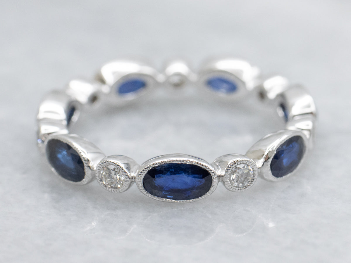 Bezel-Set Blue Sapphire and Diamond White Gold Band
