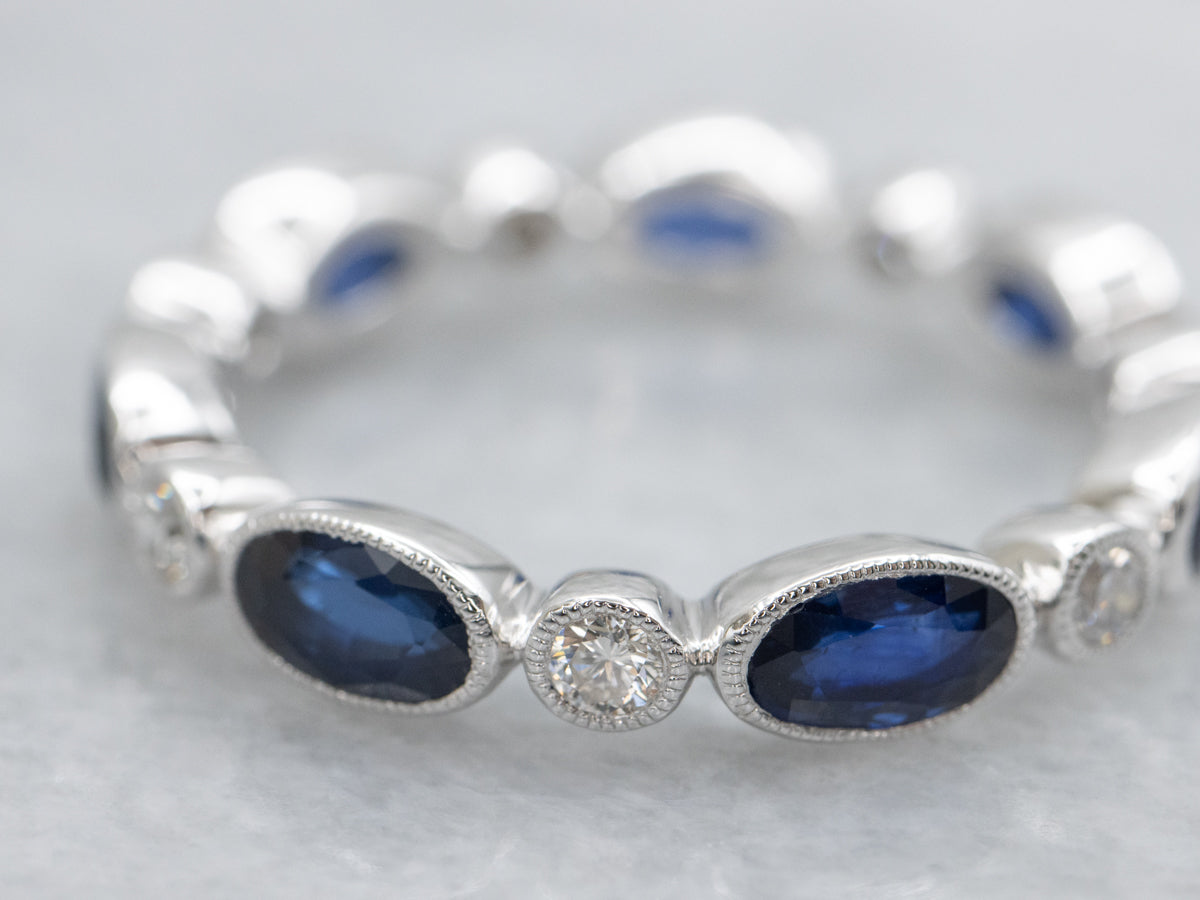 Bezel-Set Blue Sapphire and Diamond White Gold Band
