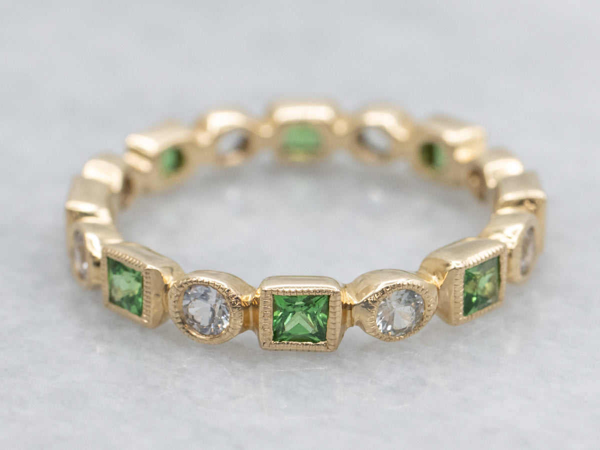 Tsavorite Garnet and White Sapphire Gold Eternity Band