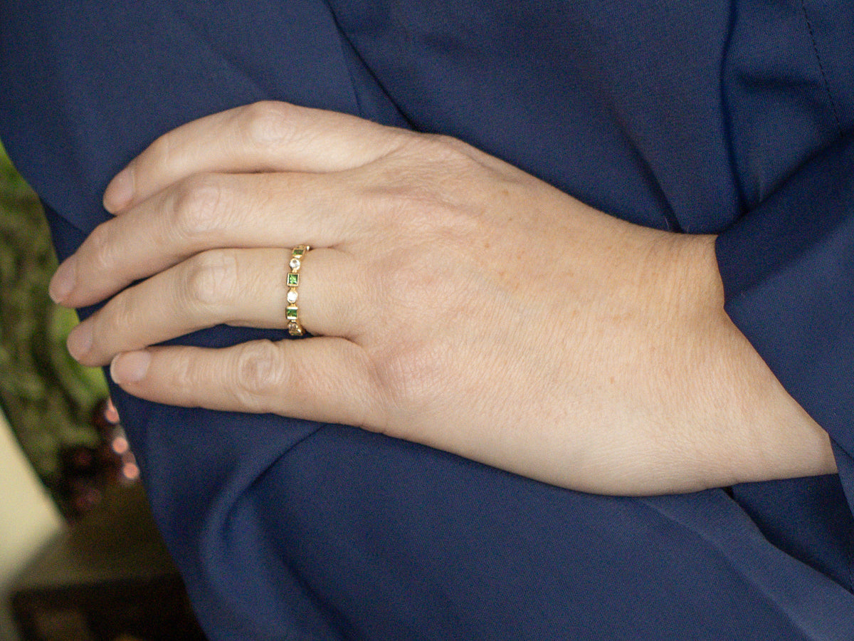 Tsavorite Garnet and White Sapphire Gold Eternity Band