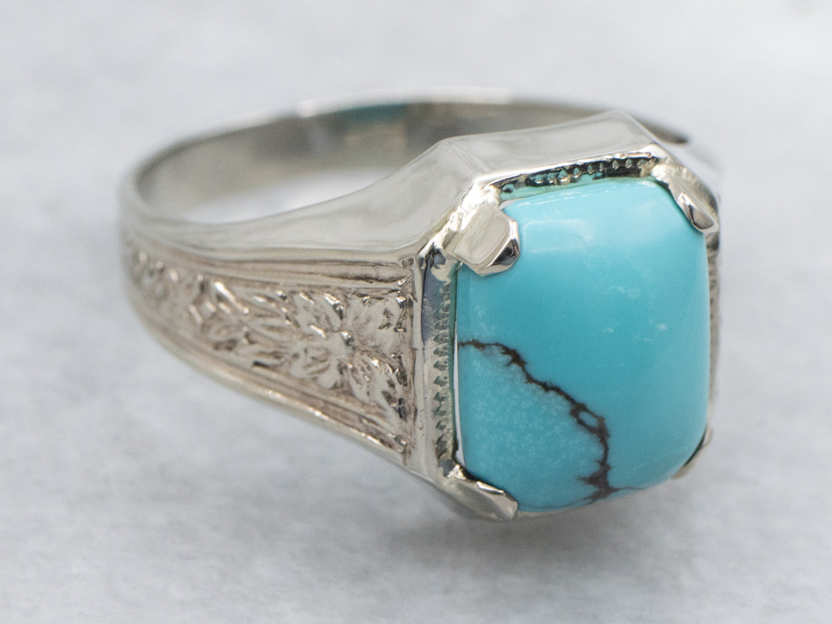 Turquoise Cabochon in Antique Engraved Floral Pattern Setting