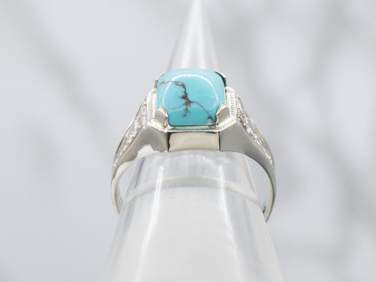 Turquoise Cabochon in Antique Engraved Floral Pattern Setting