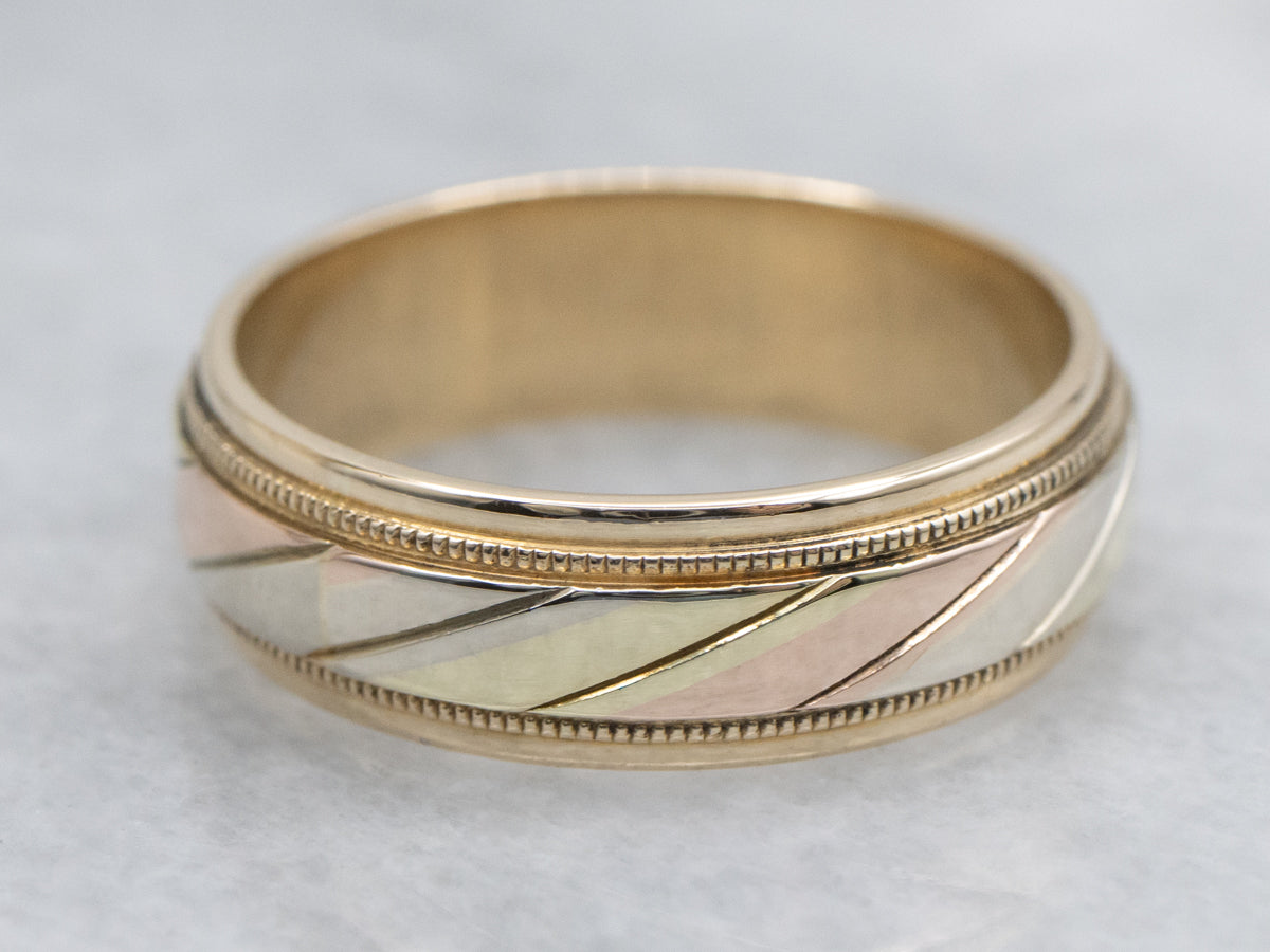 Tri-Color Gold Twist Patterned Milgrain Edge Art Carved Band