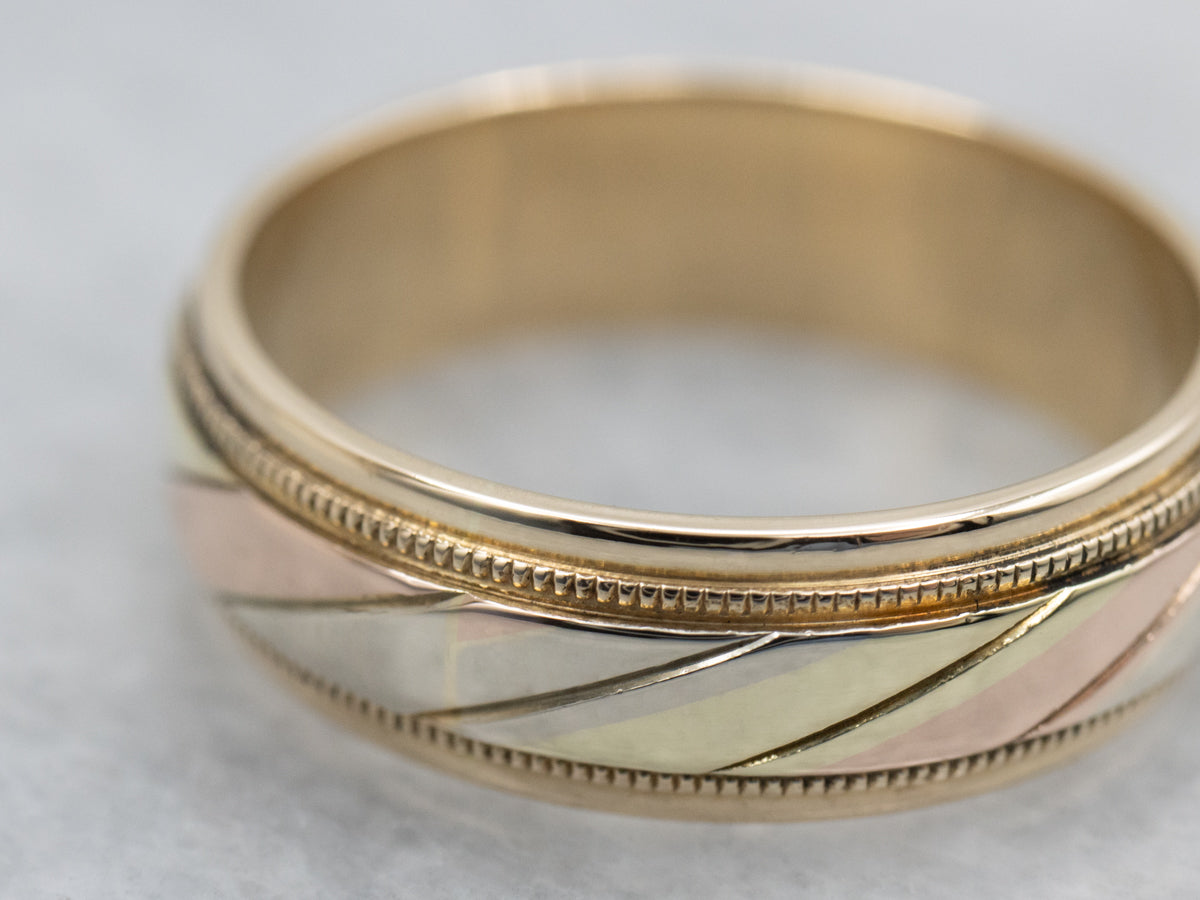 Tri-Color Gold Twist Patterned Milgrain Edge Art Carved Band