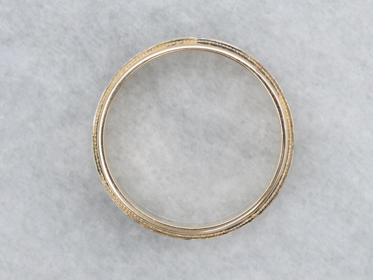 Tri-Color Gold Twist Patterned Milgrain Edge Art Carved Band