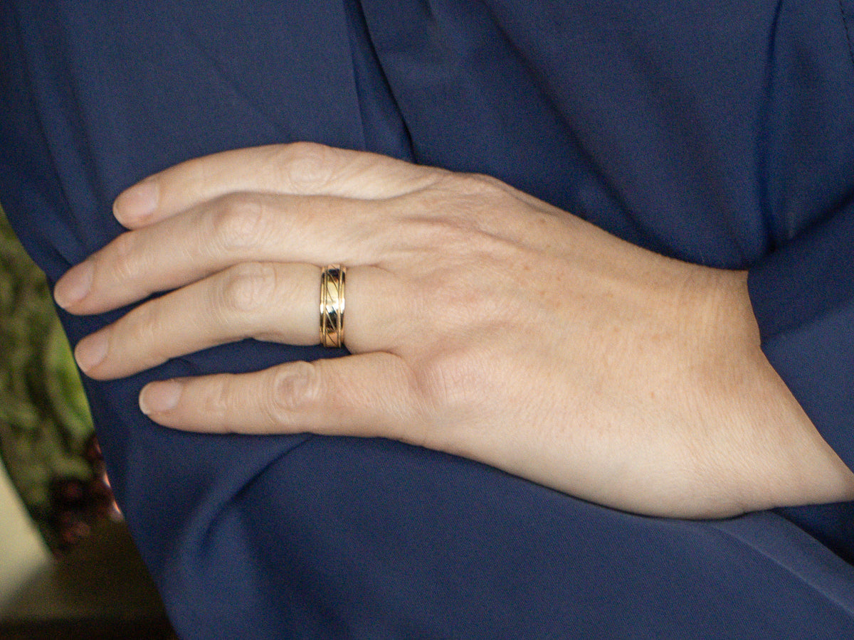 Tri-Color Gold Twist Patterned Milgrain Edge Art Carved Band