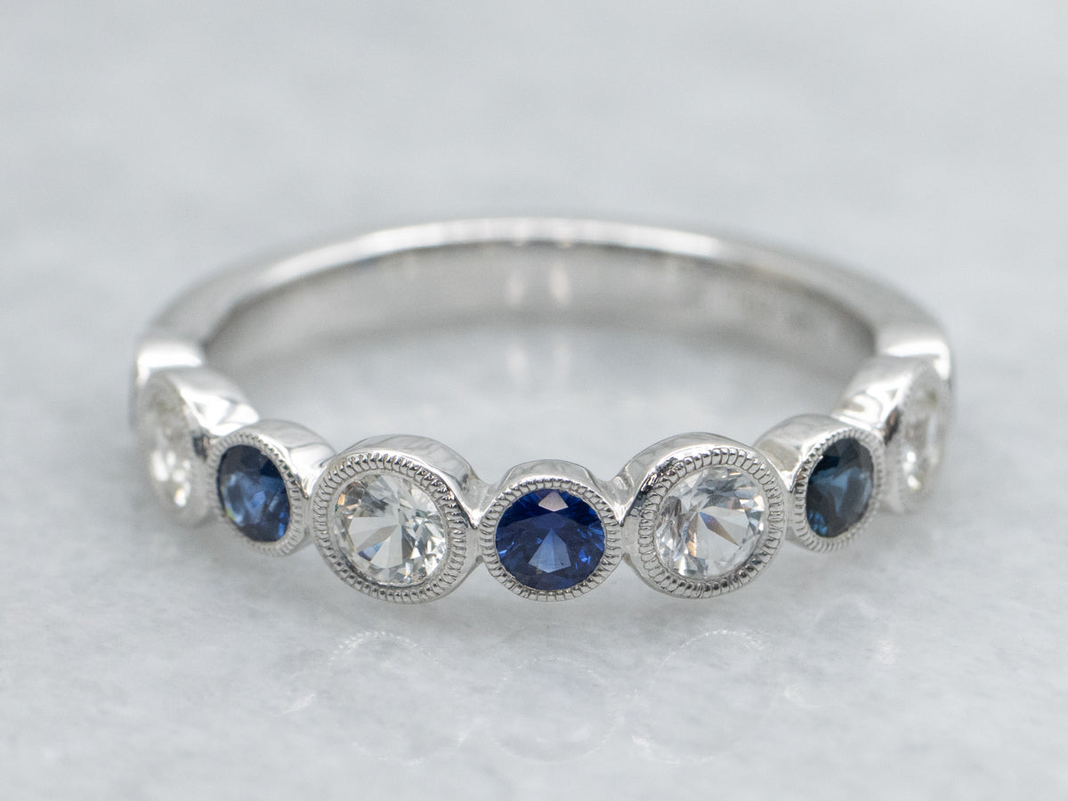 Alternating Blue and White Sapphire White Gold Band