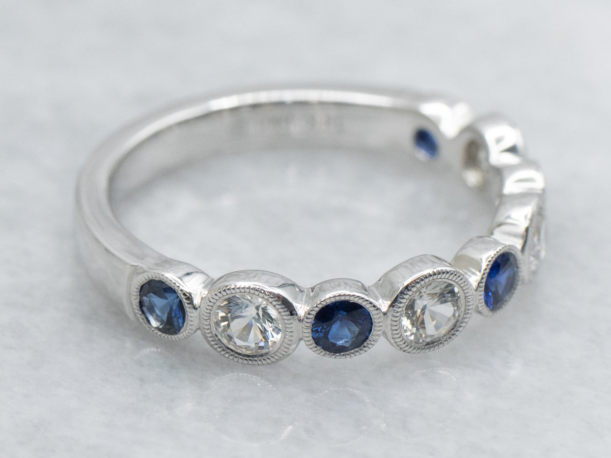 Alternating Blue and White Sapphire White Gold Band