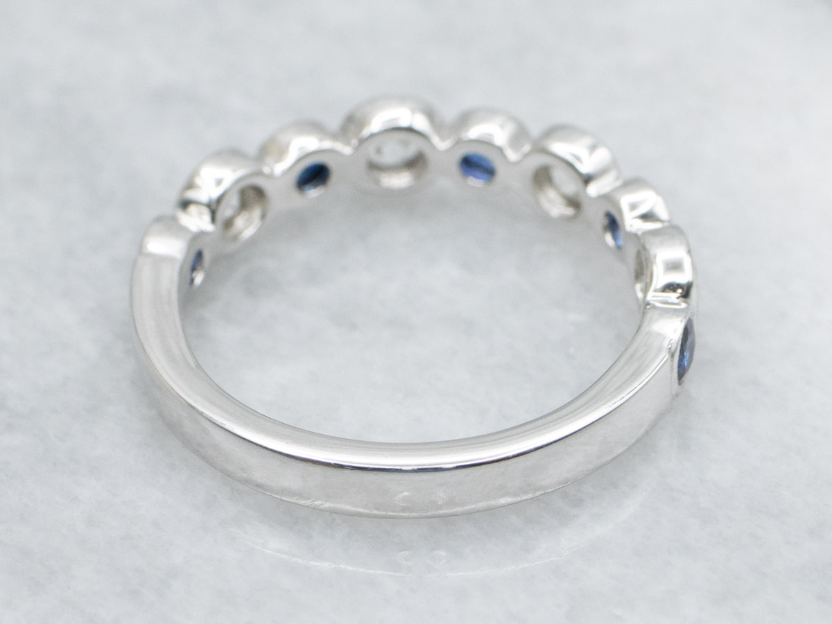 Alternating Blue and White Sapphire White Gold Band