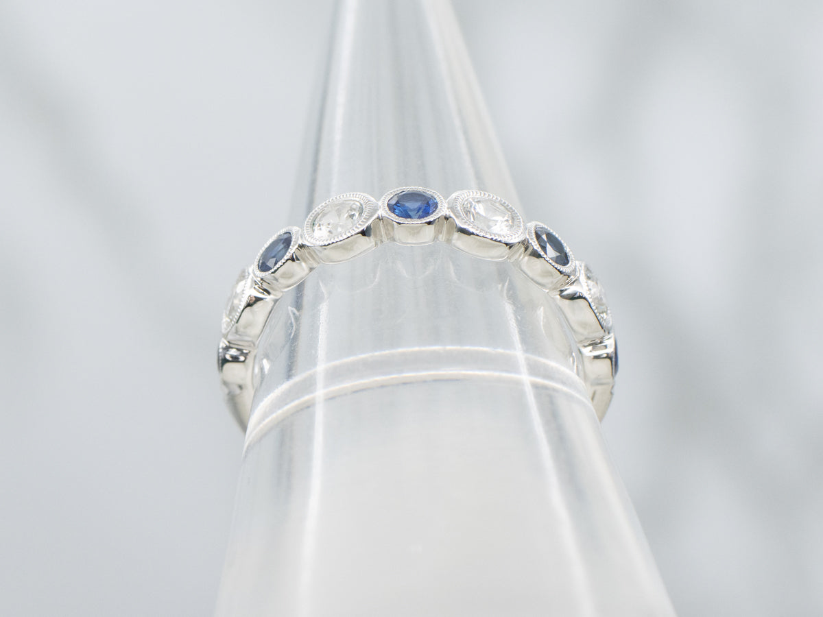Alternating Blue and White Sapphire White Gold Band