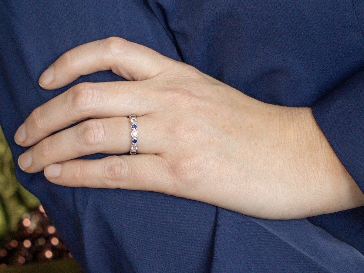 Alternating Blue and White Sapphire White Gold Band