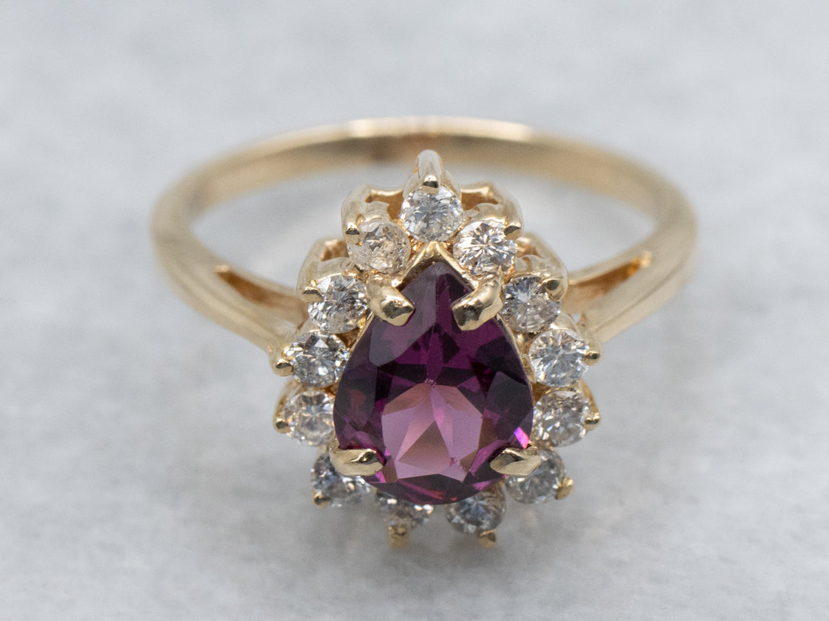 Pear-Cut Garnet and Diamond Halo Yellow Gold Ring