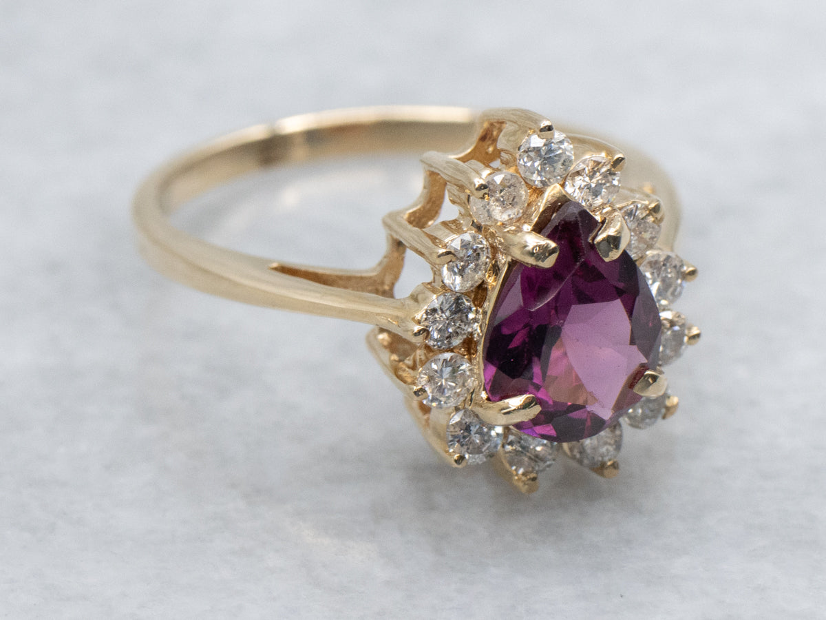 Pear-Cut Garnet and Diamond Halo Yellow Gold Ring