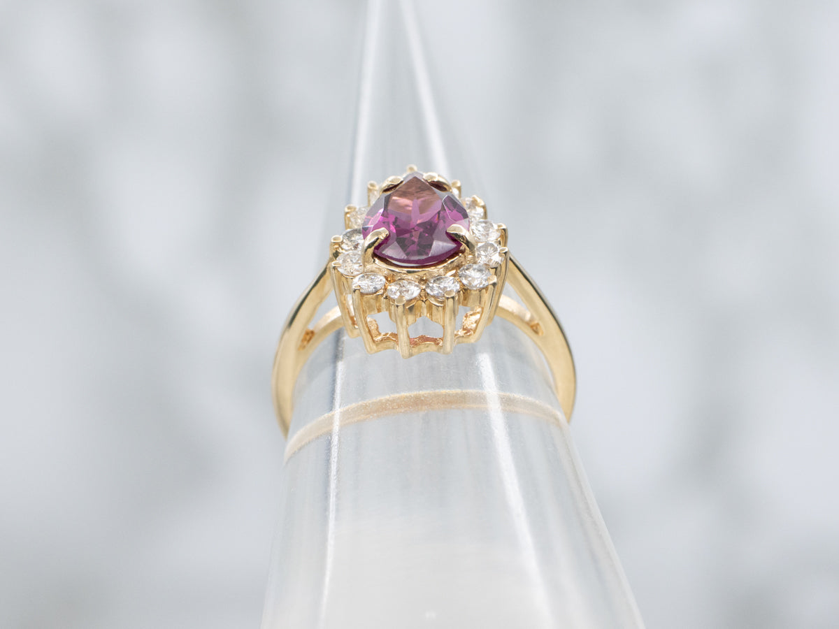 Pear-Cut Garnet and Diamond Halo Yellow Gold Ring