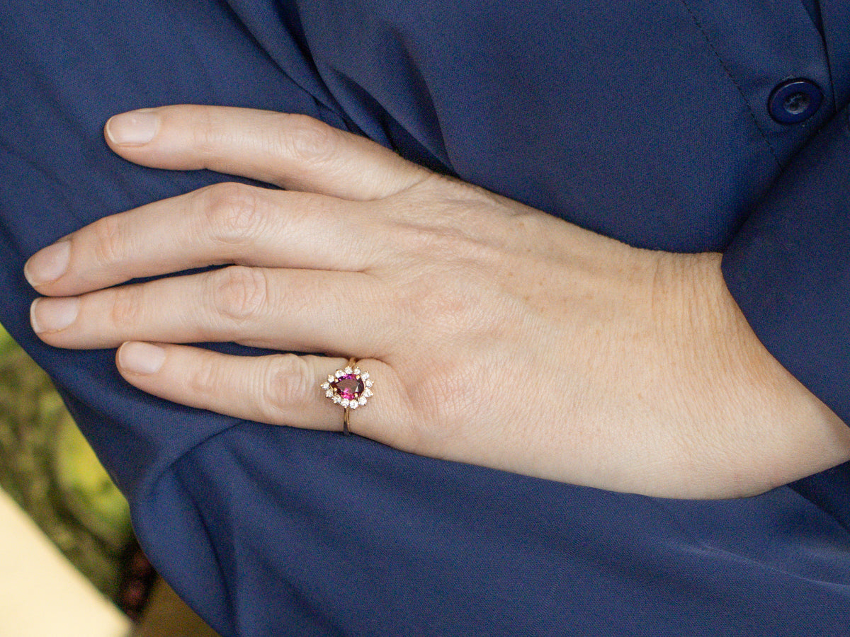Pear-Cut Garnet and Diamond Halo Yellow Gold Ring
