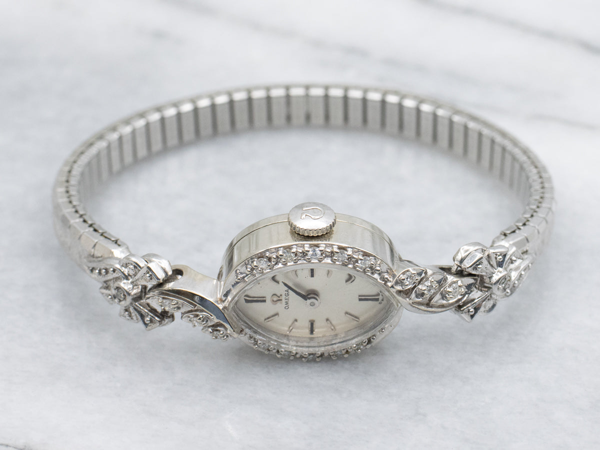 Retro Era Omega Diamond and White Gold Wrist Watch with Speidal Band