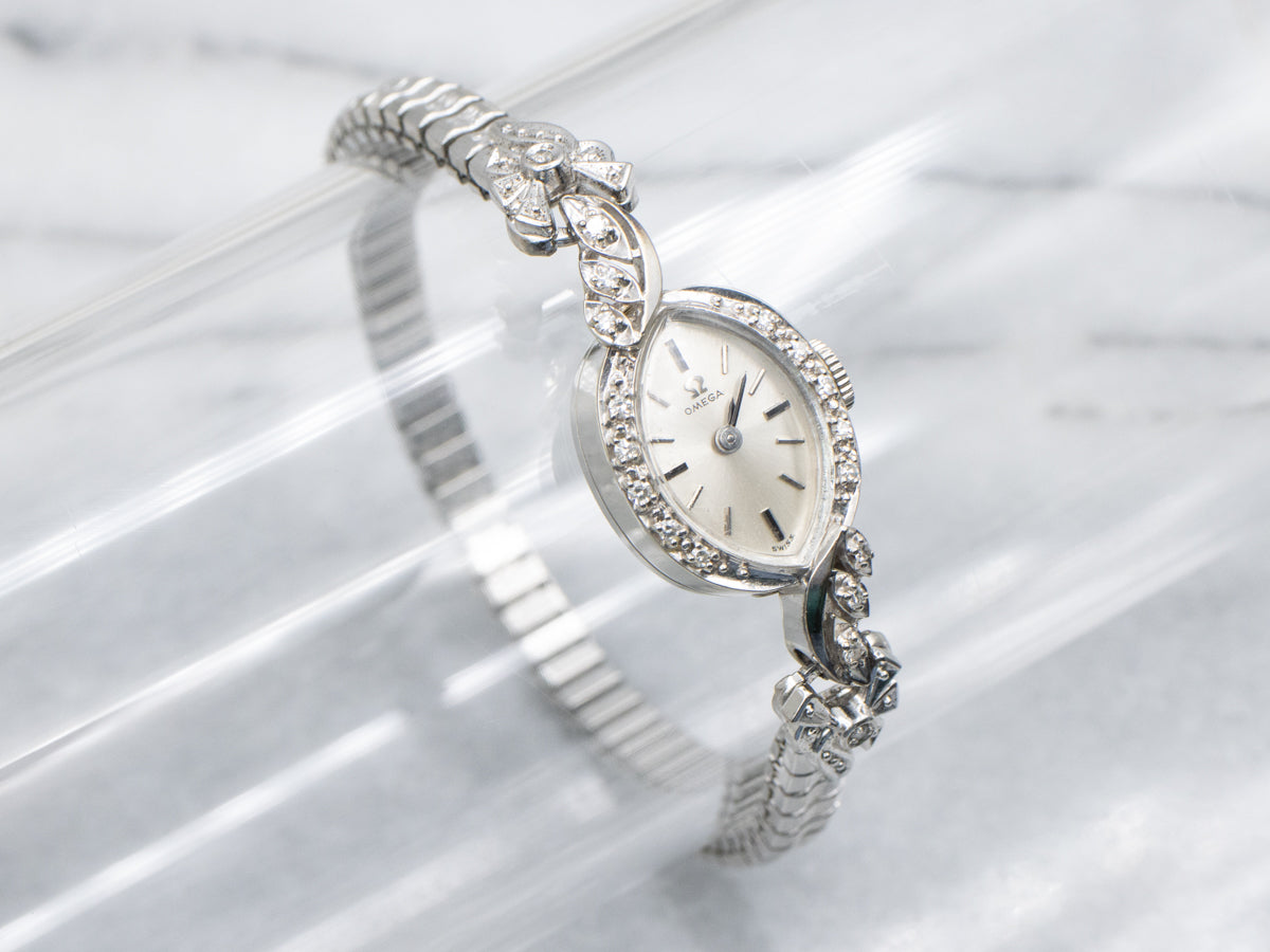 Retro Era Omega Diamond and White Gold Wrist Watch with Speidal Band