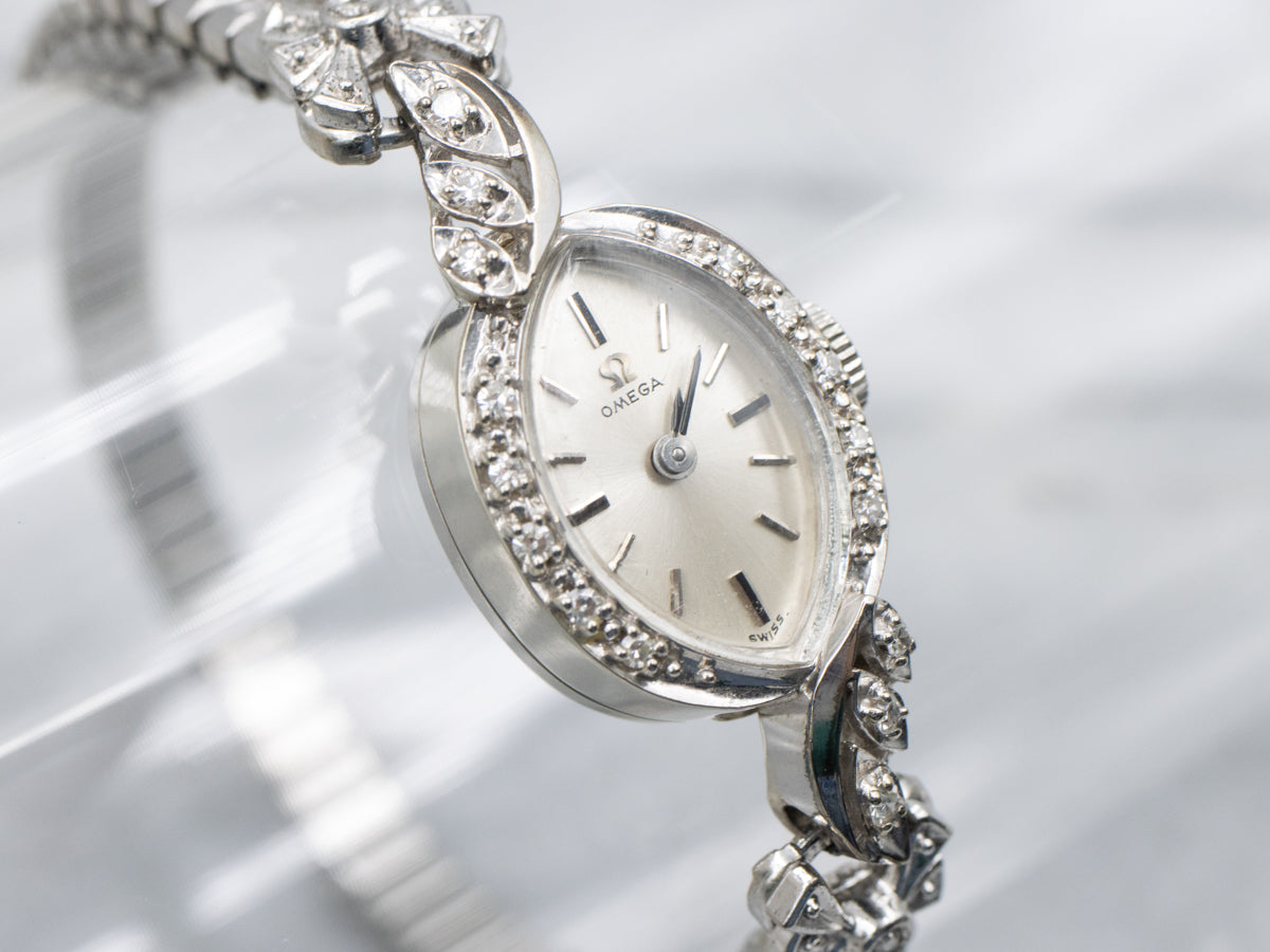 Retro Era Omega Diamond and White Gold Wrist Watch with Speidal Band