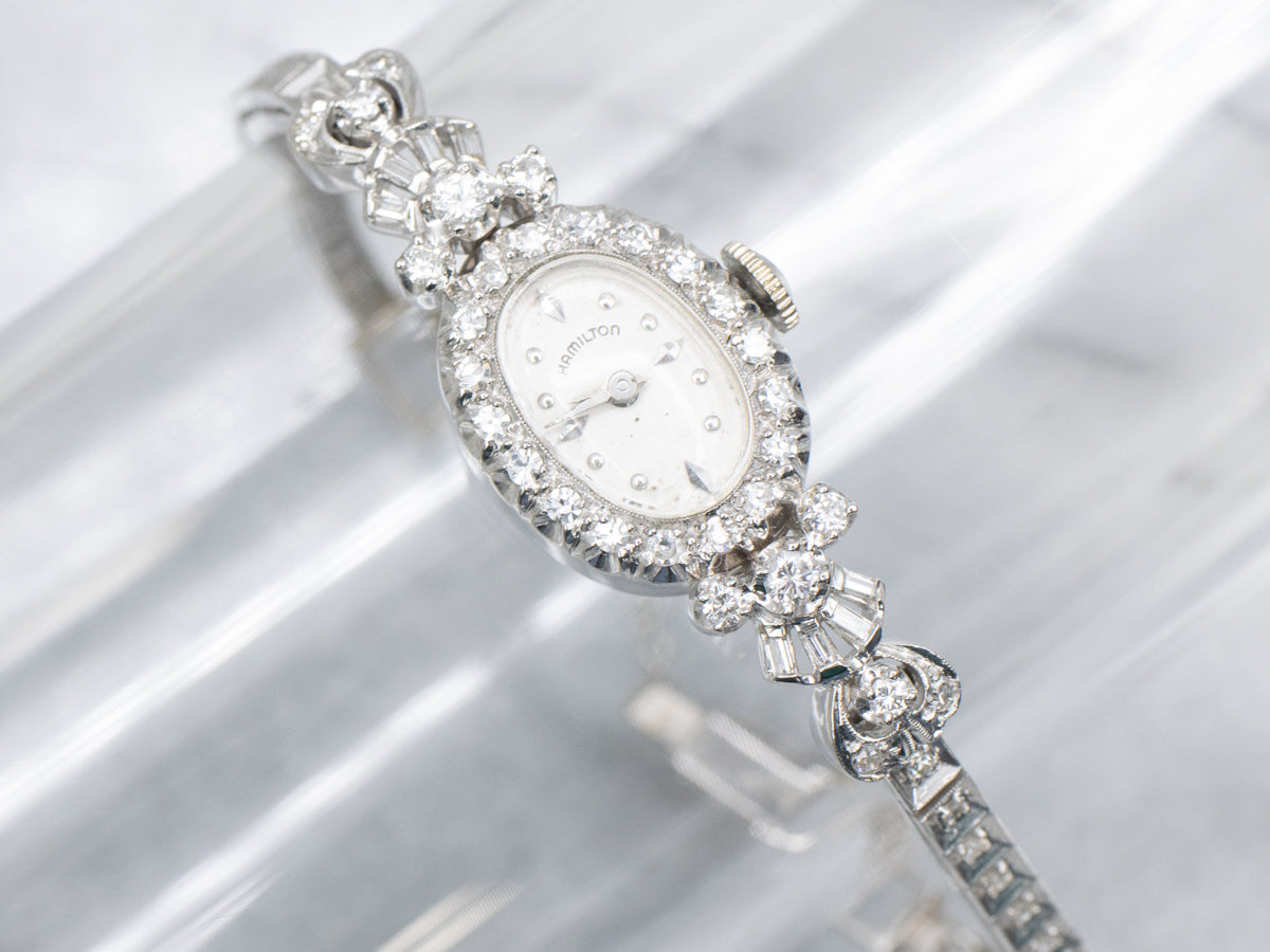 Ladies Vintage Hamilton Diamond White Gold Wrist Watch