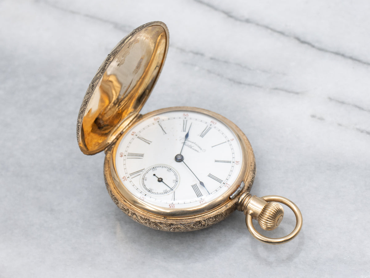 Tri-Color Gold Antique Waltham Diamond Floral Engraved Initial "D" Pocket Watch