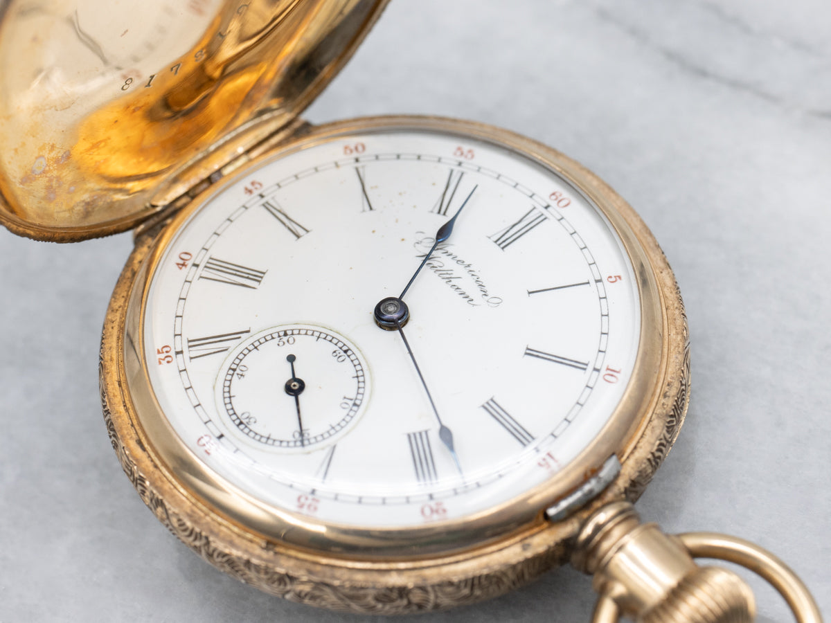 Tri-Color Gold Antique Waltham Diamond Floral Engraved Initial "D" Pocket Watch