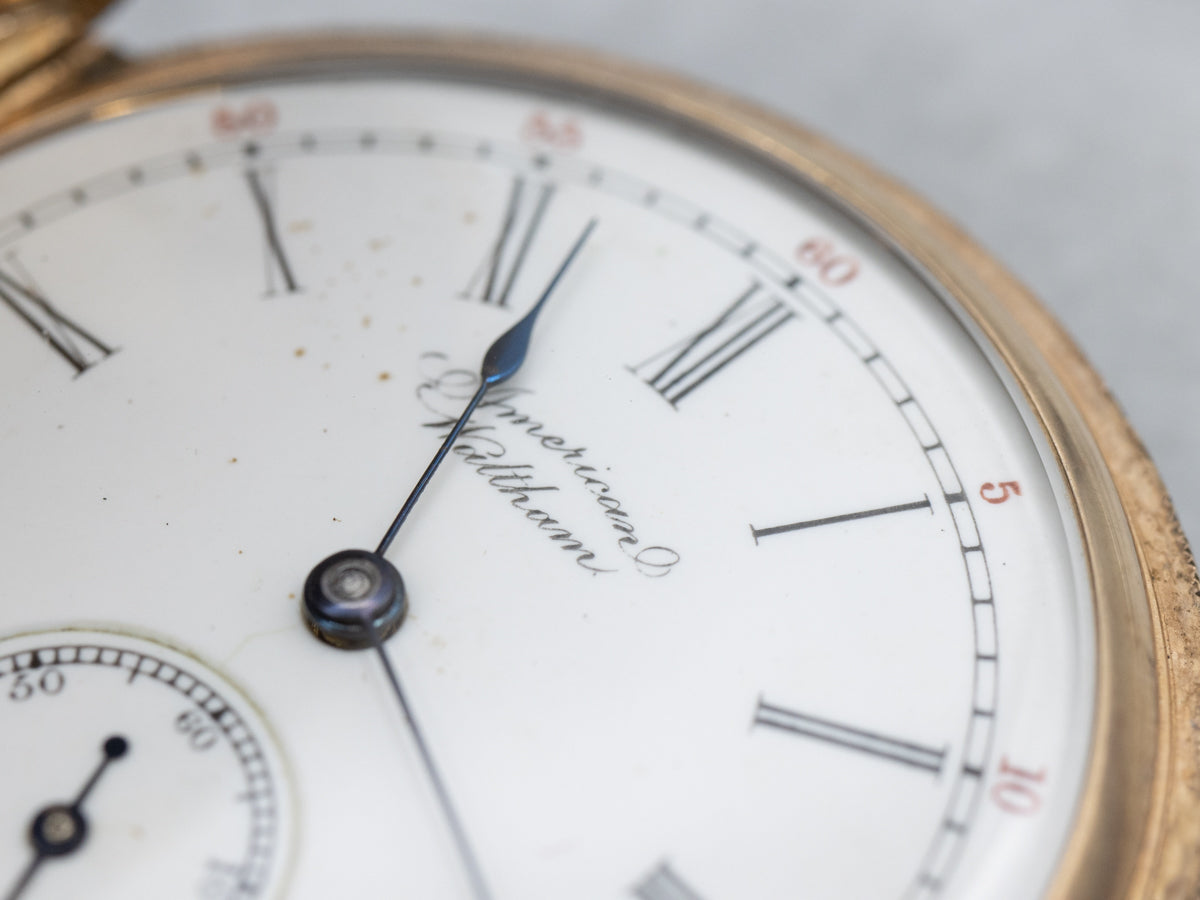 Tri-Color Gold Antique Waltham Diamond Floral Engraved Initial "D" Pocket Watch