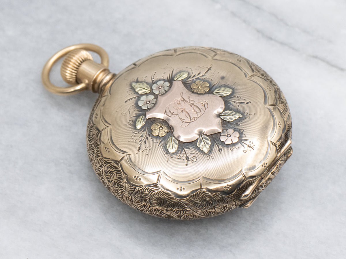 Tri-Color Gold Antique Waltham Diamond Floral Engraved Initial "D" Pocket Watch
