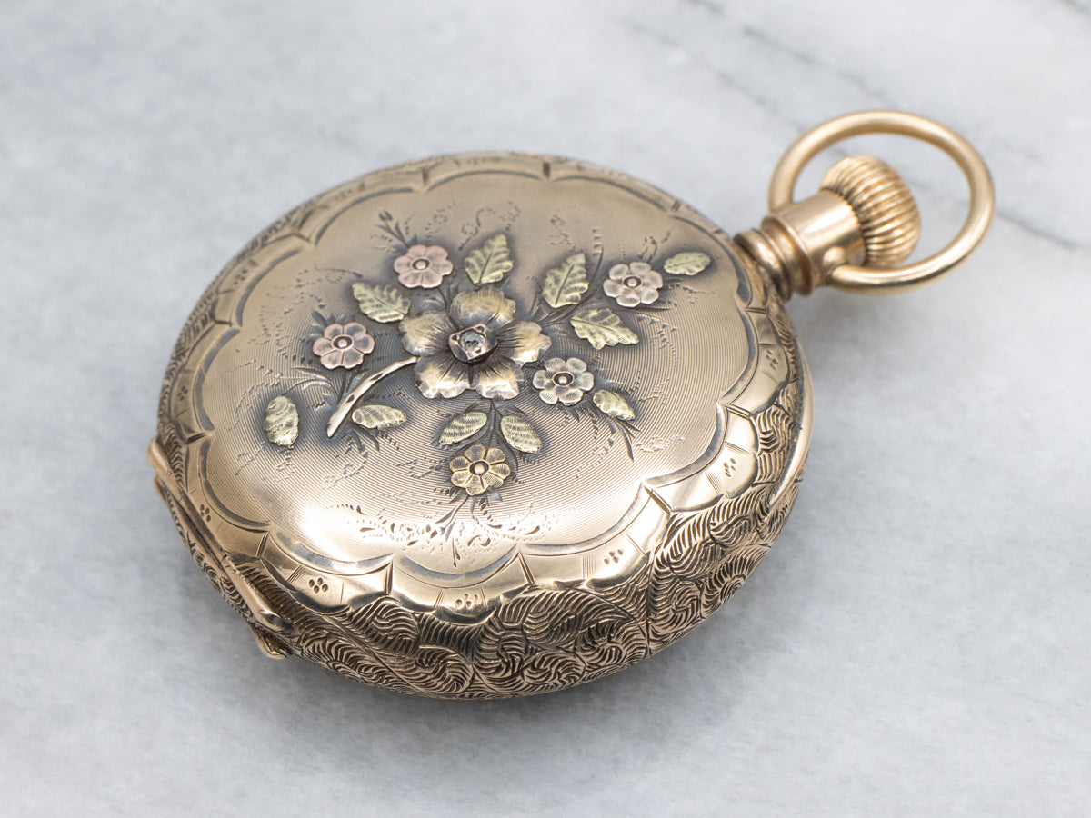 Tri-Color Gold Antique Waltham Diamond Floral Engraved Initial "D" Pocket Watch