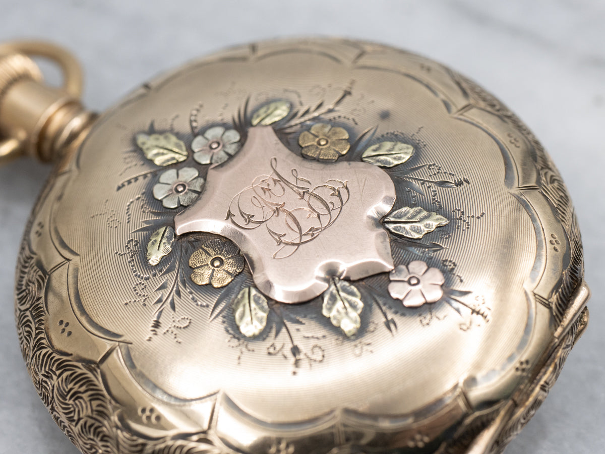 Tri-Color Gold Antique Waltham Diamond Floral Engraved Initial "D" Pocket Watch
