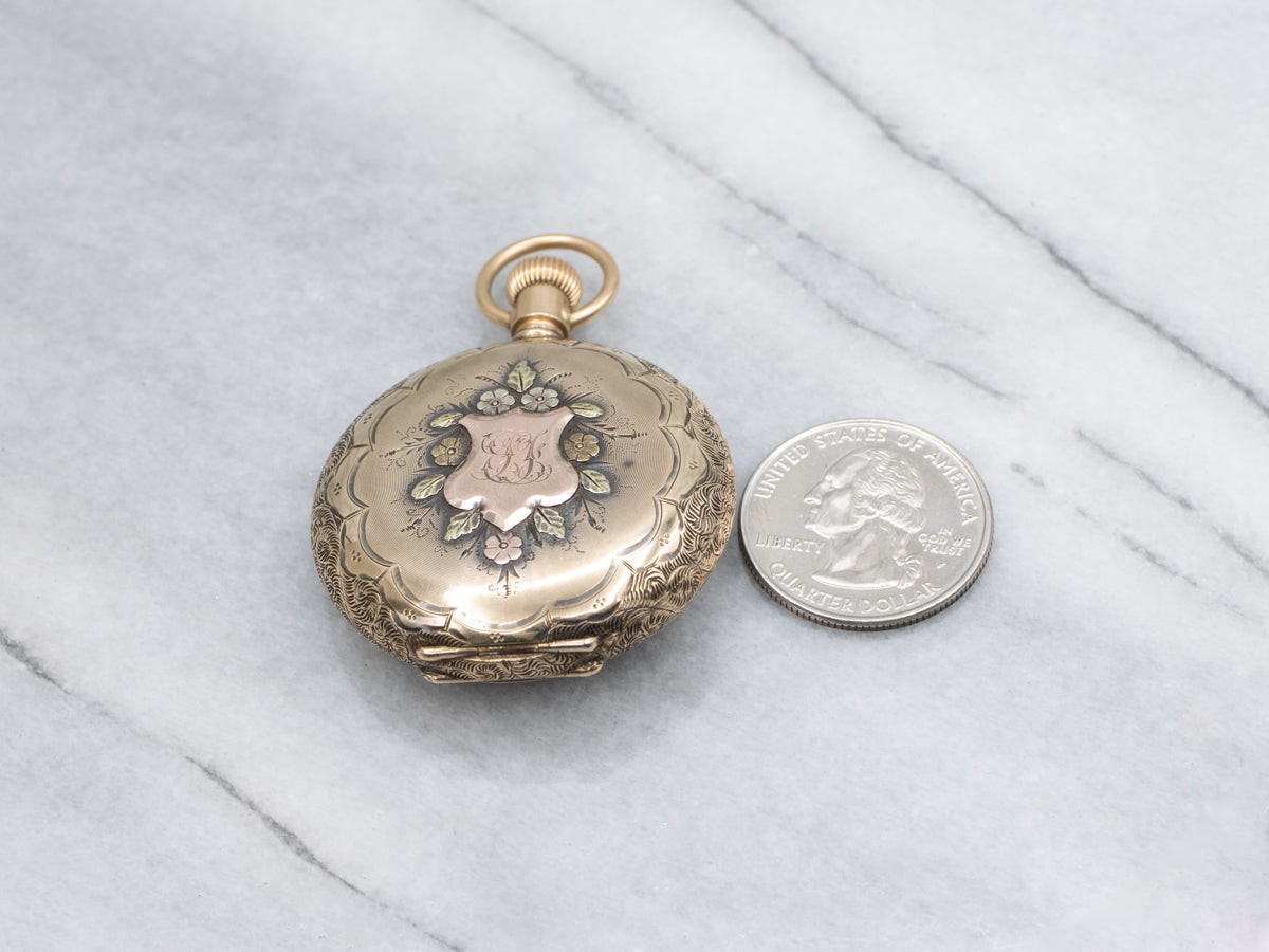 Tri-Color Gold Antique Waltham Diamond Floral Engraved Initial "D" Pocket Watch