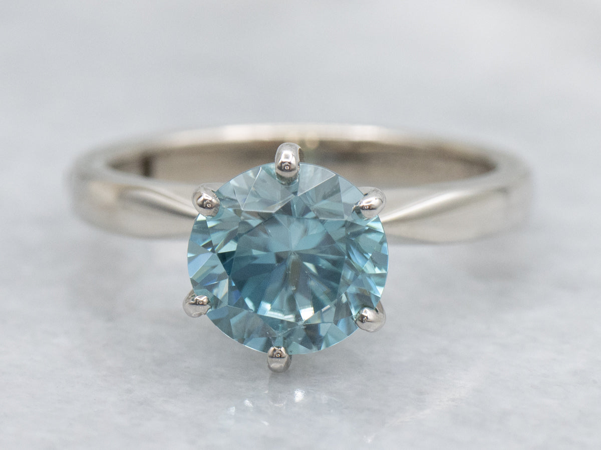 Classic Round Cut Blue Zircon Solitaire Ring in White Gold