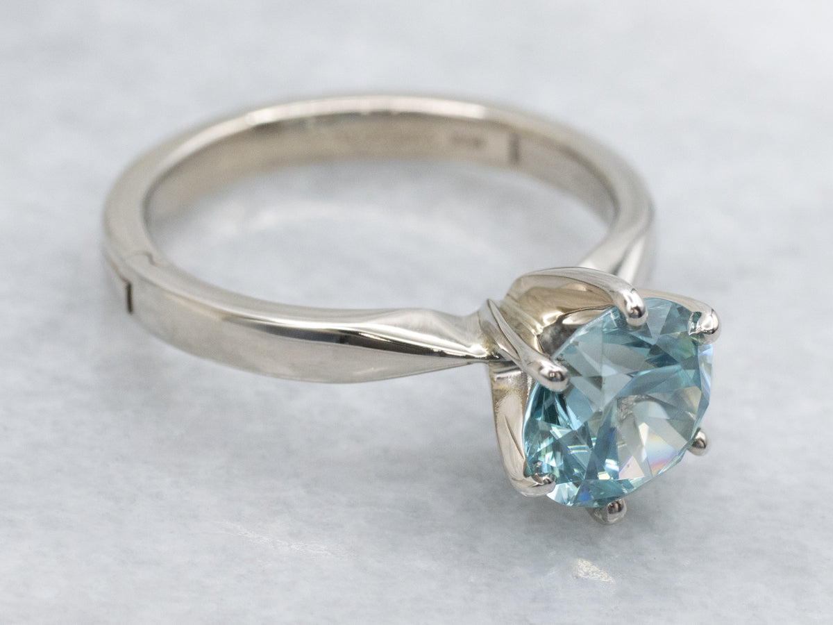 Classic Round Cut Blue Zircon Solitaire Ring in White Gold