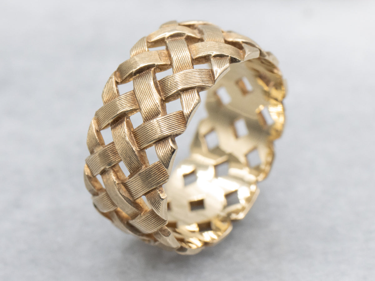 Woven Lattice-Pattern Wide Art Carved Vintage Gold Band