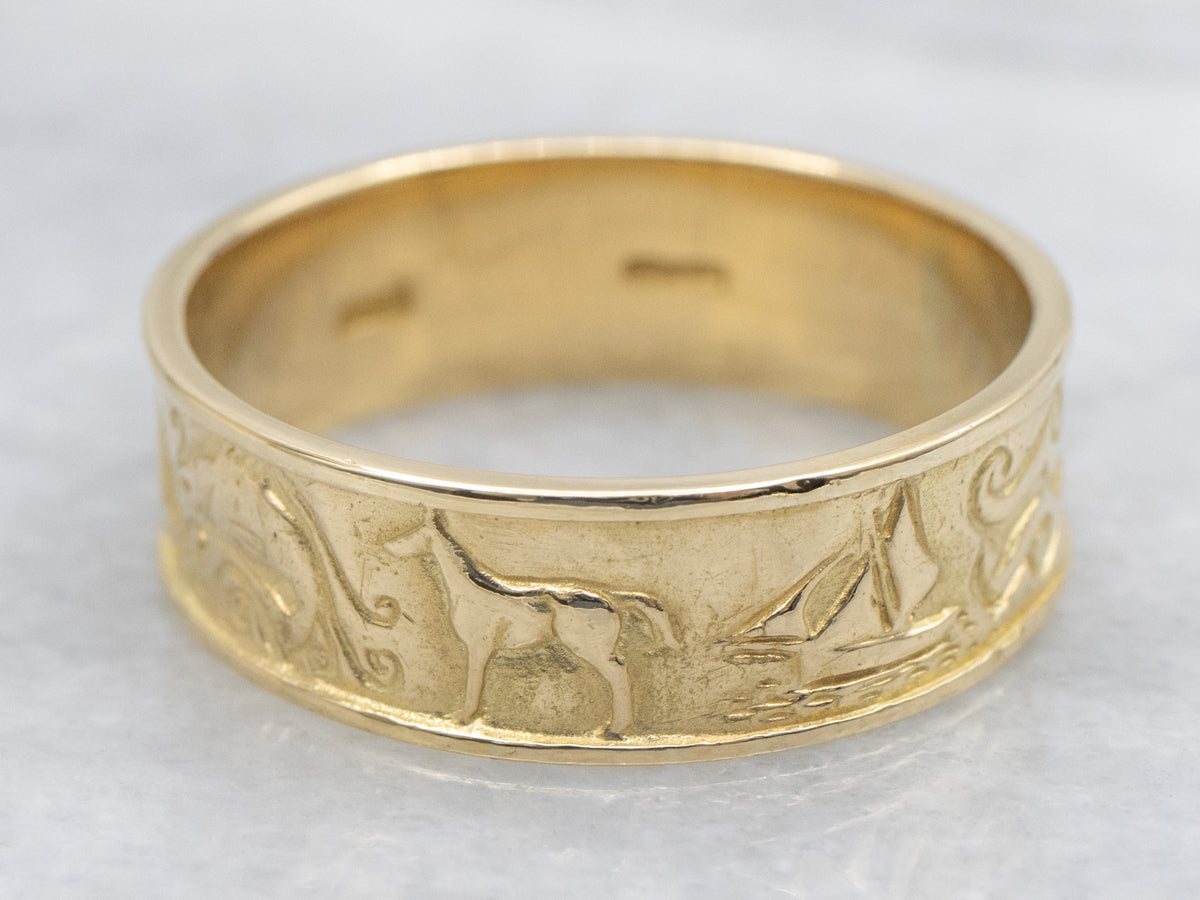 Men's Yellow Gold Fenian Claddagh Band with Animal and Seascape Pattern