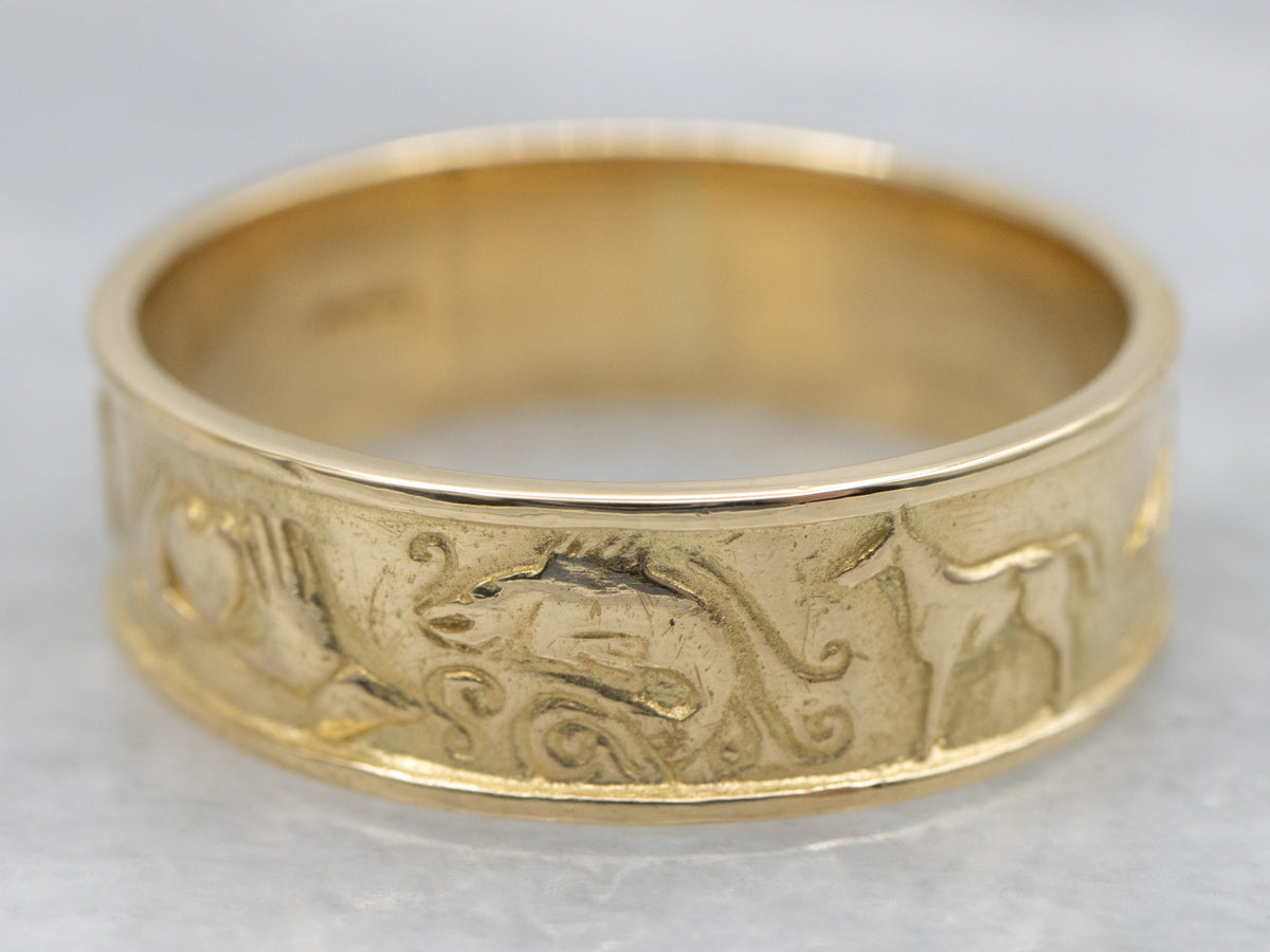 Men's Yellow Gold Fenian Claddagh Band with Animal and Seascape Pattern