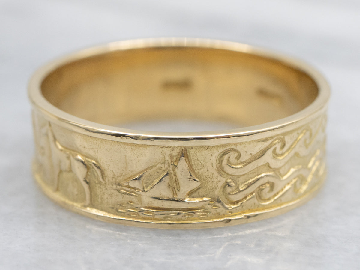 Men's Yellow Gold Fenian Claddagh Band with Animal and Seascape Pattern